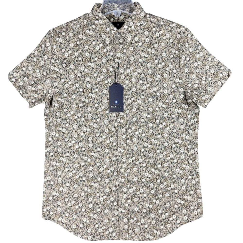 NEW Ben Sherman Men's‎ Medium Floral Dark Oatmeal Short Sleeve Button Down Shirt